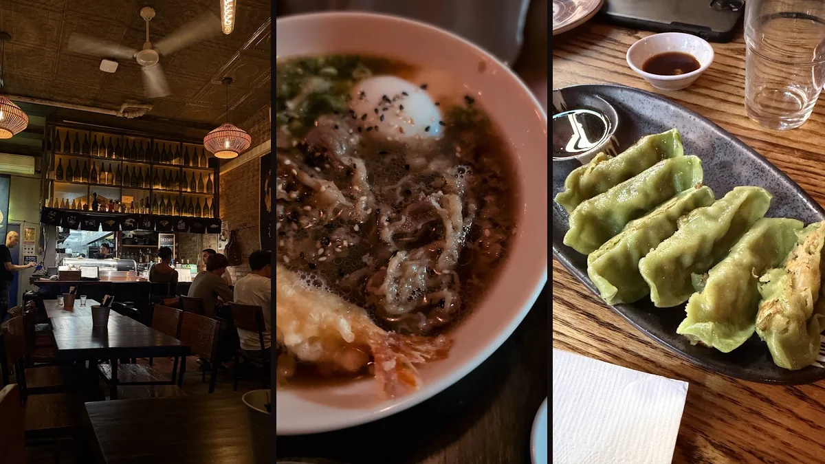 Sushi and ramen served in a dark dining room.
