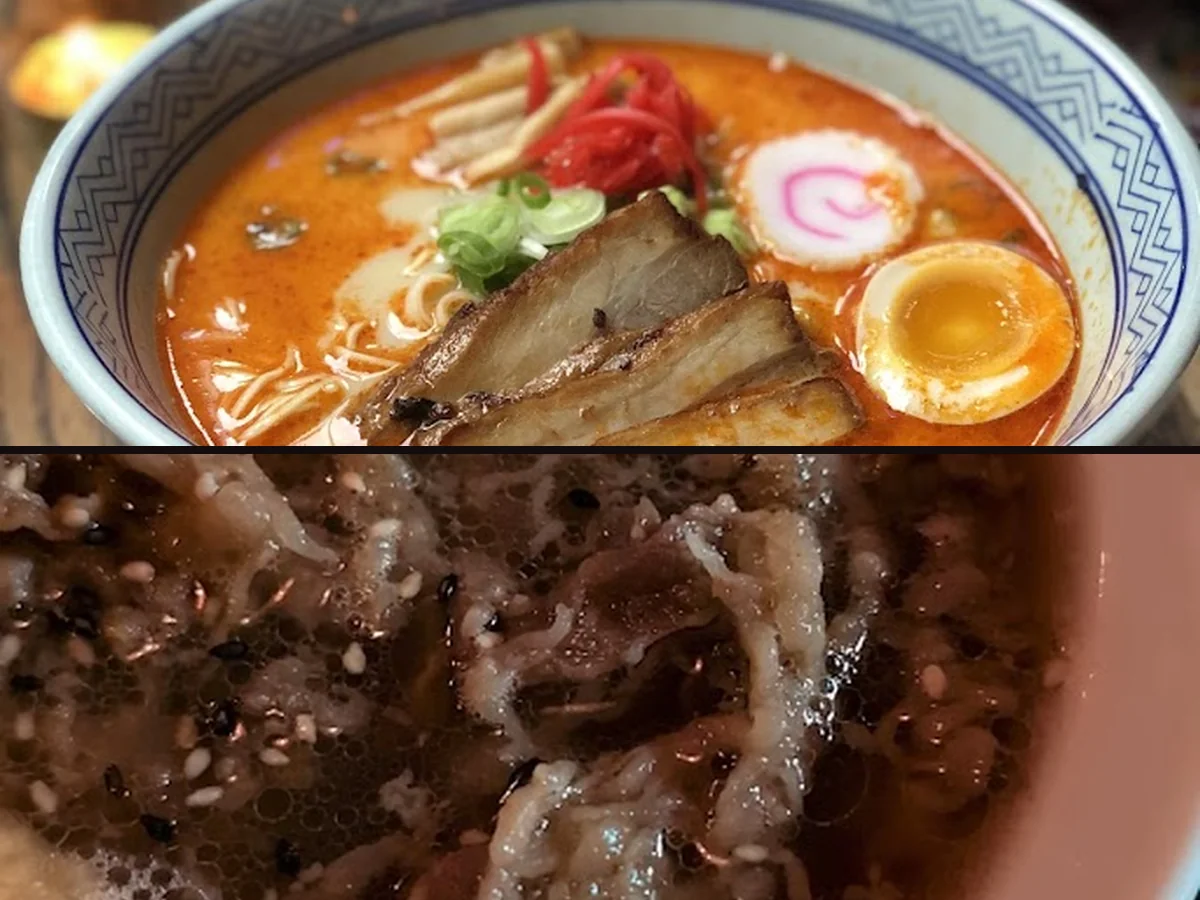 Sushi and ramen served in a dark dining room.